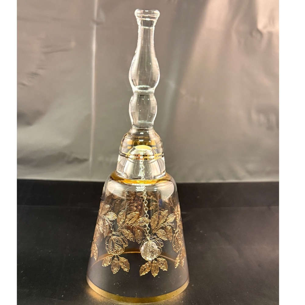 Vintage Bohemia Czech Crystal Bell‎ Gold Rose Etched Glass Cottage Luxe Decor